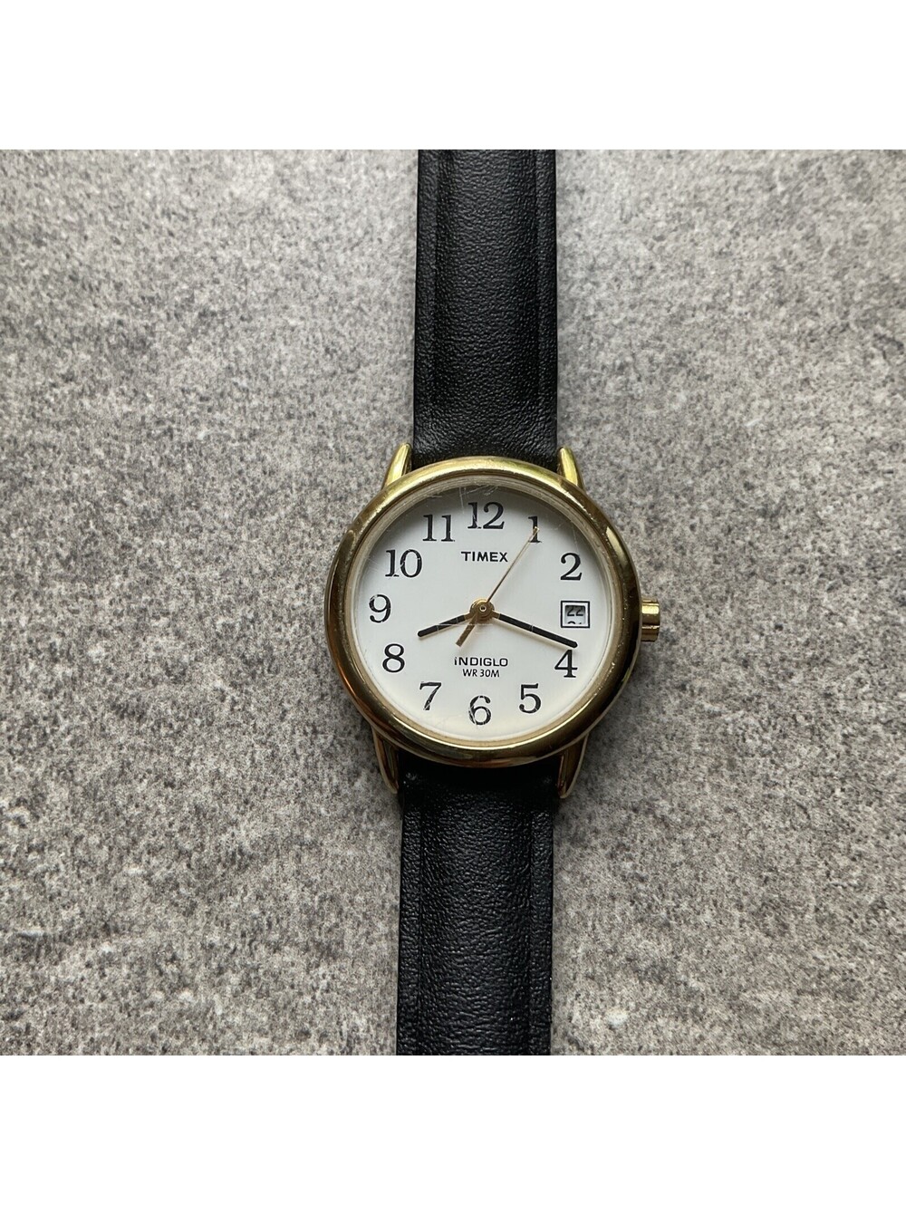 Timex Easy Reader Womens Watch Gold Tone Case White Dial Black Leather Band B-X